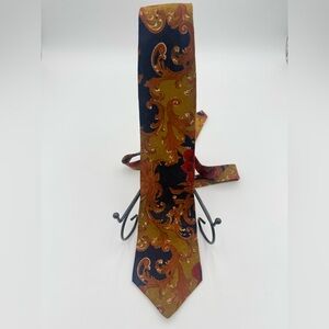 Vintage VILLA BUGATTI 100% Italian Silk Burnt Orange & Navy Abstract Floral Tie